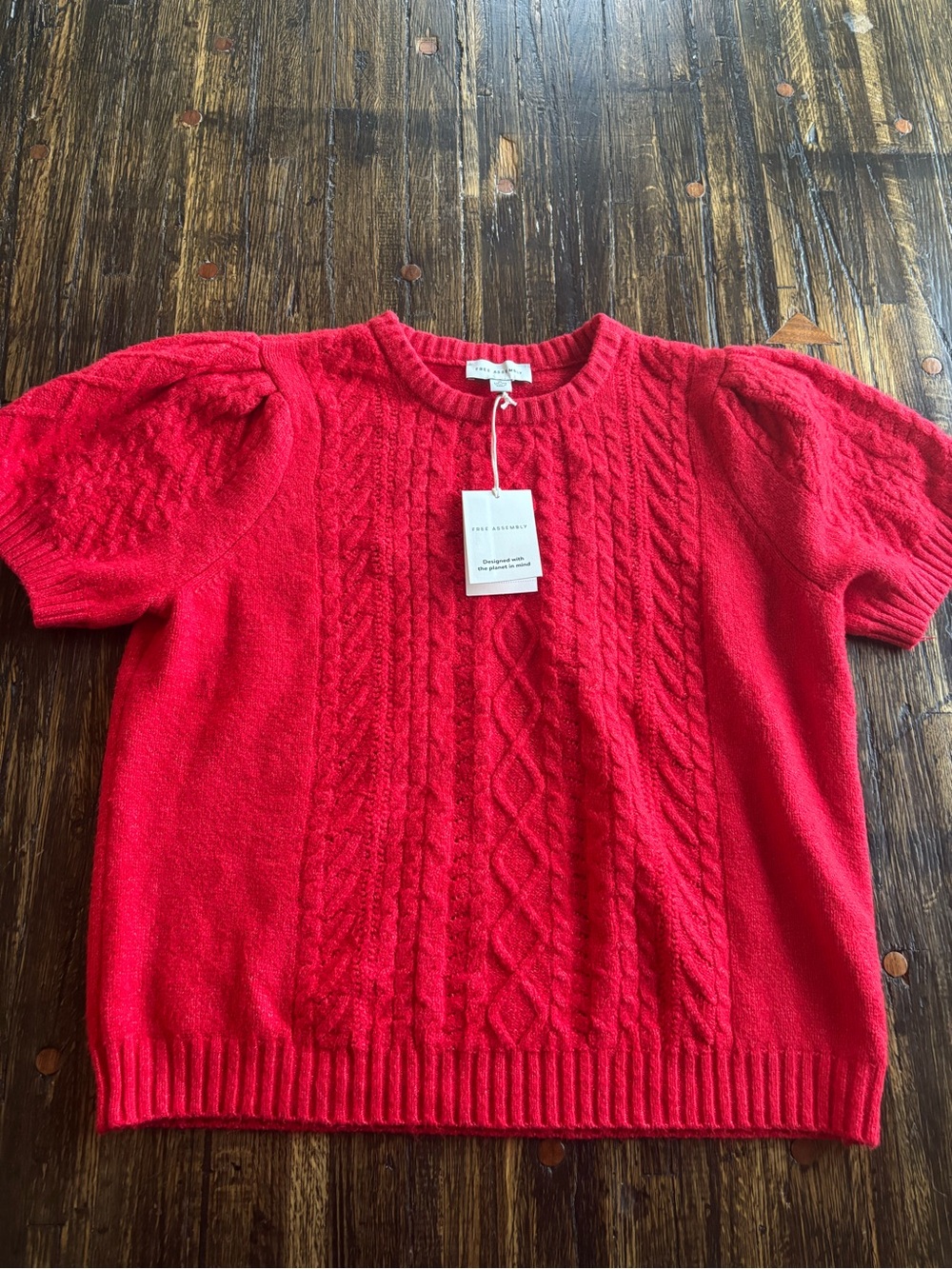 NWT Free Assembly Cable-Knit Puff Sleeve Crewneck Sweater in Red